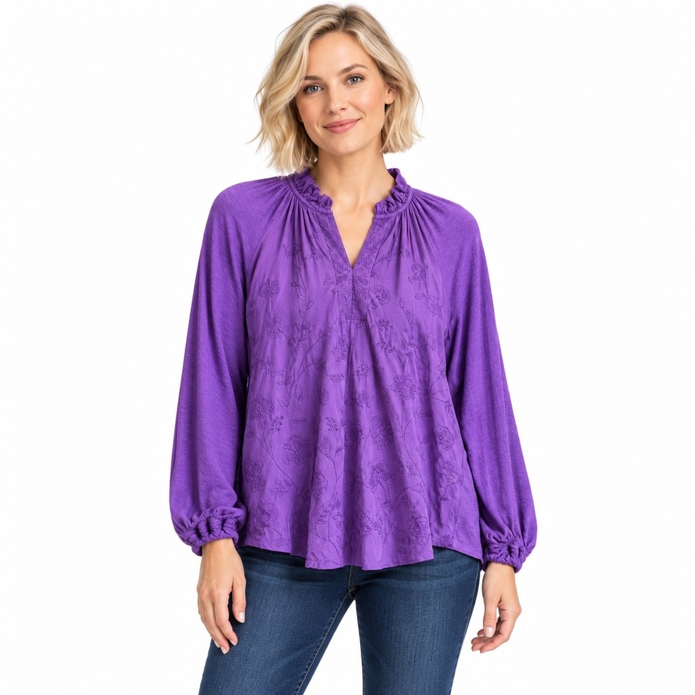 Democracy Large Purple Floral Embroidered Ruffle Neck Blouse Top